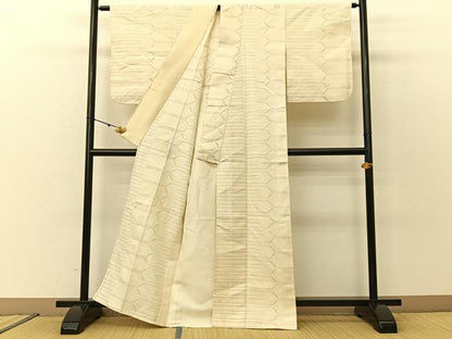平和屋着物▽上質な紬 単衣 幾何学文様 正絹 逸品 BAAU3493hj