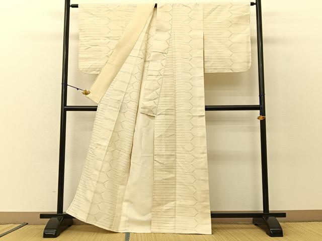 平和屋着物▽上質な紬 単衣 幾何学文様 正絹 逸品 BAAU3493hj