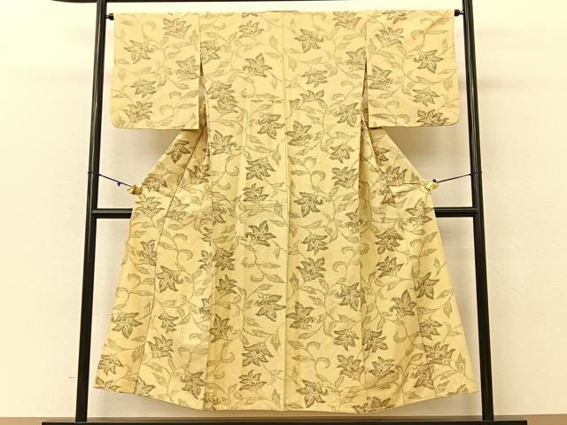 平和屋着物▽上質な紬 単衣 更紗花唐草文 正絹 逸品 BAAU3494hj