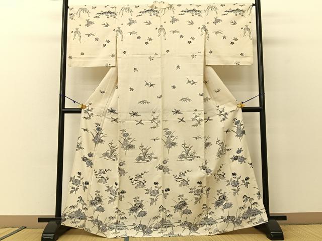 平和屋着物▽訪問着 単衣 紬地 型染め 松竹梅 御所解文 正絹 逸品 BAAU3496hj