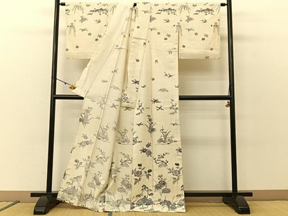 平和屋着物▽訪問着 単衣 紬地 型染め 松竹梅 御所解文 正絹 逸品 BAAU3496hj