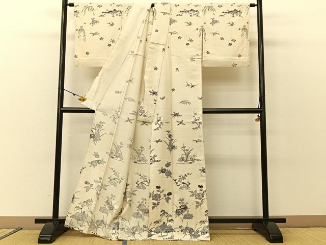 平和屋着物▽訪問着 単衣 紬地 型染め 松竹梅 御所解文 正絹 逸品 BAAU3496hj