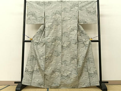 平和屋着物▽都喜ヱ門 本場大島紬 単衣 総絣 雲隠れ風景文 藤絹織物謹製 正絹 逸品 BAAU3499hj