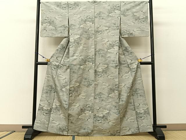 平和屋着物▽都喜ヱ門 本場大島紬 単衣 総絣 雲隠れ風景文 藤絹織物謹製 正絹 逸品 BAAU3499hj