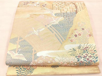 平和屋着物◎六通柄袋帯 唐織 渡橋飛鶴花文 金銀糸 引箔 正絹 逸品 BAAU4001mz