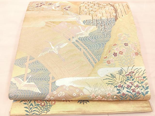 平和屋着物◎六通柄袋帯 唐織 渡橋飛鶴花文 金銀糸 引箔 正絹 逸品 BAAU4001mz