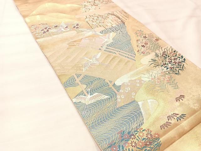 平和屋着物◎六通柄袋帯 唐織 渡橋飛鶴花文 金銀糸 引箔 正絹 逸品 BAAU4001mz