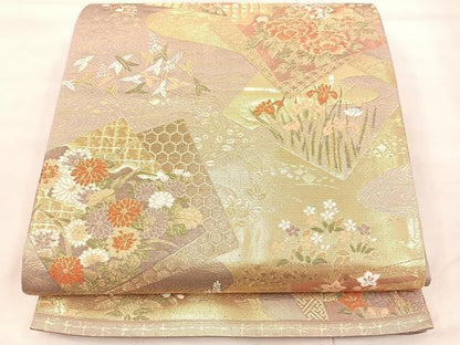 平和屋着物◎六通柄袋帯　唐織　萌芽　金糸　正絹　逸品　BAAU4005mz