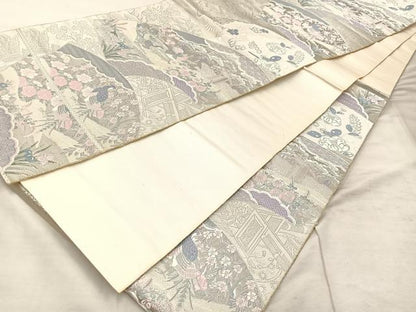 平和屋着物◎六通柄袋帯　唐織　地紙花鳥文　銀糸　正絹　逸品　BAAU4012mz