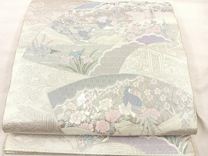 平和屋着物◎六通柄袋帯　唐織　地紙花鳥文　銀糸　正絹　逸品　BAAU4012mz