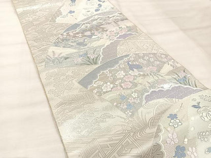 平和屋着物◎六通柄袋帯　唐織　地紙花鳥文　銀糸　正絹　逸品　BAAU4012mz