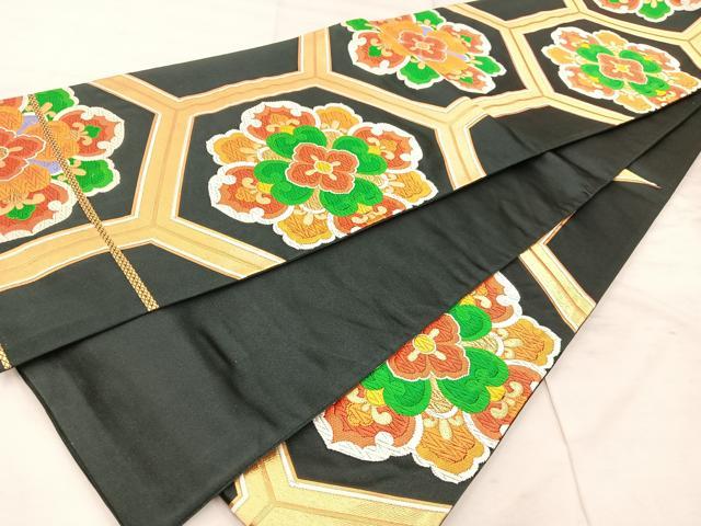 平和屋着物◎六通柄袋帯　唐織　亀甲花文　黒地　金糸　正絹　逸品　BAAU4014mz