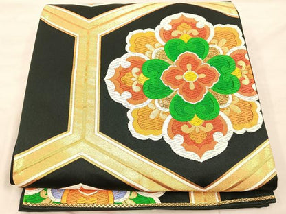 平和屋着物◎六通柄袋帯　唐織　亀甲花文　黒地　金糸　正絹　逸品　BAAU4014mz