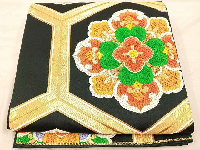 平和屋着物◎六通柄袋帯　唐織　亀甲花文　黒地　金糸　正絹　逸品　BAAU4014mz