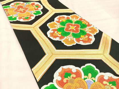 平和屋着物◎六通柄袋帯　唐織　亀甲花文　黒地　金糸　正絹　逸品　BAAU4014mz