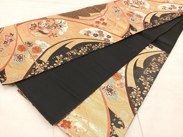 平和屋着物◎六通柄袋帯 唐織 雪輪孔雀花文 黒地 金銀糸 正絹 逸品 BAAU4023mz