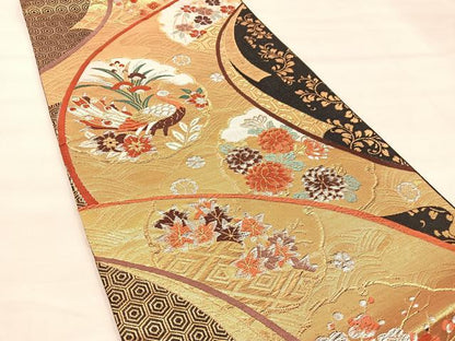 平和屋着物◎六通柄袋帯 唐織 雪輪孔雀花文 黒地 金銀糸 正絹 逸品 BAAU4023mz