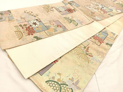 平和屋着物◎六通柄袋帯 唐織 色紙重ね花鳥文 金糸 引箔 正絹 逸品 BAAU4025mz
