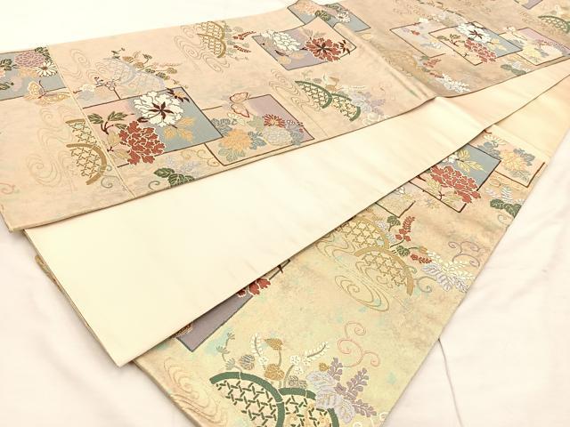 平和屋着物◎六通柄袋帯 唐織 色紙重ね花鳥文 金糸 引箔 正絹 逸品 BAAU4025mz