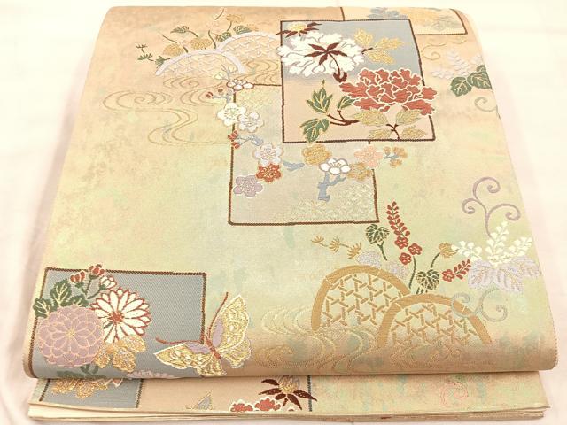 平和屋着物◎六通柄袋帯 唐織 色紙重ね花鳥文 金糸 引箔 正絹 逸品 BAAU4025mz
