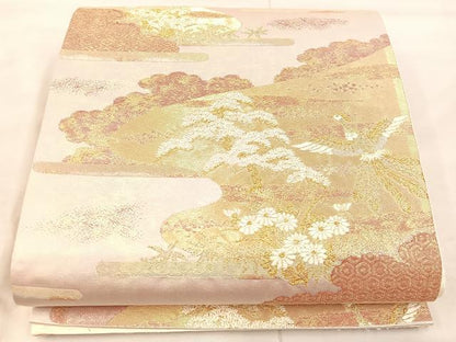 平和屋着物◎六通柄袋帯 飛鶴花文 金糸 正絹 逸品 BAAU4026mz