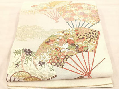 平和屋着物◎太鼓柄袋帯　唐織　綴れ　福貴玉宝扇面散　金糸　正絹　逸品　BAAU4034mz