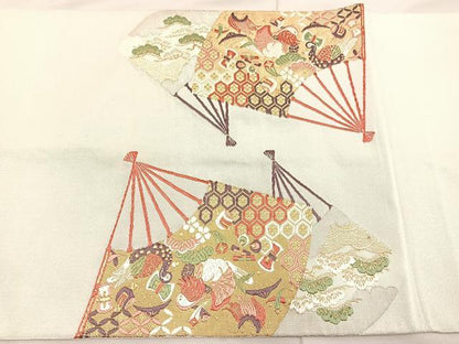 平和屋着物◎太鼓柄袋帯　唐織　綴れ　福貴玉宝扇面散　金糸　正絹　逸品　BAAU4034mz