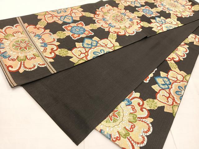 平和屋着物◎六通柄　本袋帯　正倉院花文　黒地　金糸　正絹　逸品　BAAU4047mz