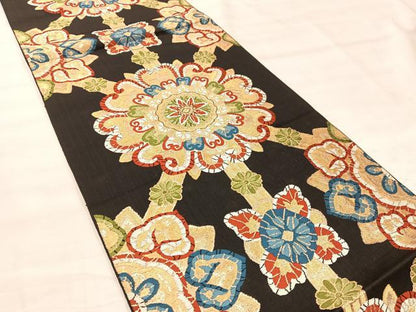 平和屋着物◎六通柄　本袋帯　正倉院花文　黒地　金糸　正絹　逸品　BAAU4047mz