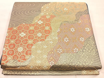 平和屋着物◎六通柄袋帯 流水花文 金糸 引箔 正絹 逸品 BAAU4051mz