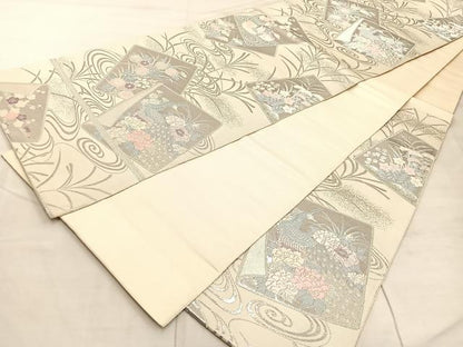 平和屋着物◎六通柄袋帯　唐織　色紙重ね孔雀花文　銀糸　正絹　逸品　BAAU4056mz