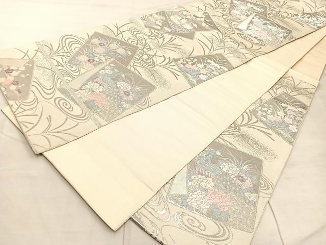 平和屋着物◎六通柄袋帯　唐織　色紙重ね孔雀花文　銀糸　正絹　逸品　BAAU4056mz