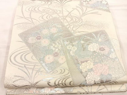 平和屋着物◎六通柄袋帯　唐織　色紙重ね孔雀花文　銀糸　正絹　逸品　BAAU4056mz