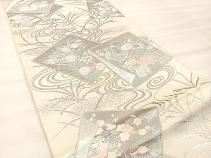 平和屋着物◎六通柄袋帯　唐織　色紙重ね孔雀花文　銀糸　正絹　逸品　BAAU4056mz