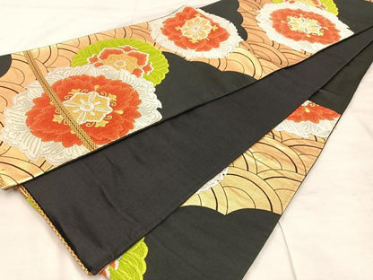 平和屋着物◎六通柄袋帯 唐織 青海波花文 黒地 金銀糸 正絹 逸品 BAAU4060mz