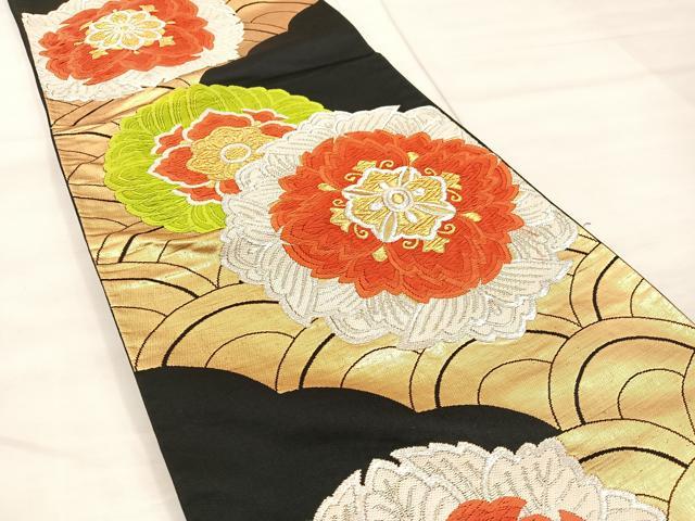 平和屋着物◎六通柄袋帯 唐織 青海波花文 黒地 金銀糸 正絹 逸品 BAAU4060mz