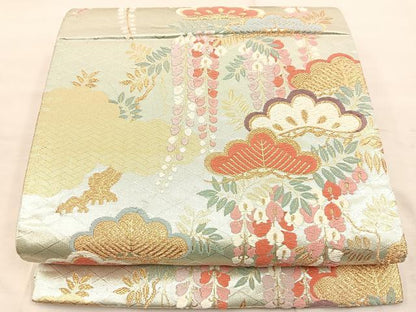 平和屋着物◎六通柄袋帯　唐織　雲取り花文　金糸　正絹　逸品　BAAU4214mz