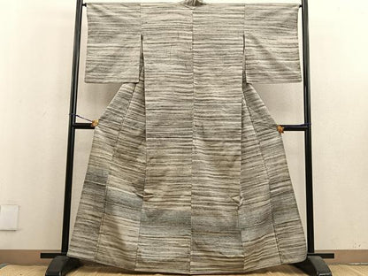 平和屋着物▽訪問着 単衣 紬地 横段文 正絹 逸品 BAAU4291mz