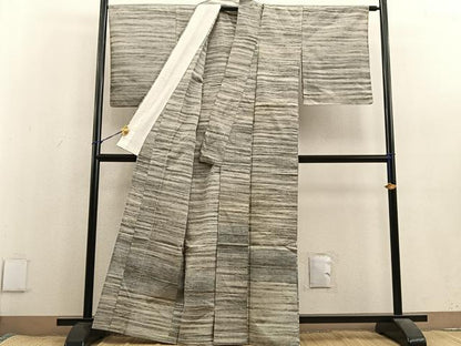 平和屋着物▽訪問着 単衣 紬地 横段文 正絹 逸品 BAAU4291mz
