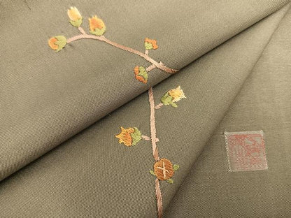 平和屋着物●訪問着 紬地 作家物 総刺繍 枝蕾 正絹 逸品 BAAU4631gt
