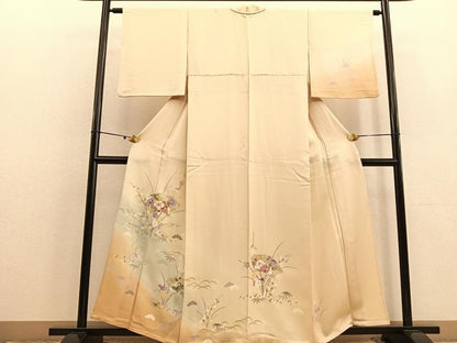 平和屋着物▽訪問着 単衣 駒刺繍 地紙花文 暈し染め金彩 正絹 逸品 BAAU4654gt