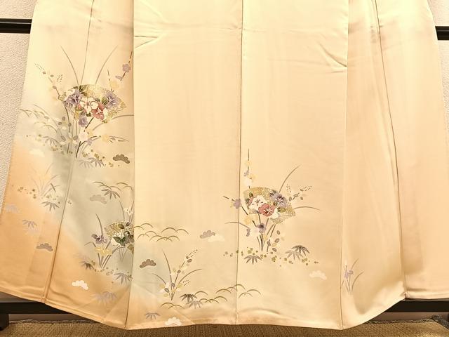 平和屋着物▽訪問着 単衣 駒刺繍 地紙花文 暈し染め金彩 正絹 逸品 BAAU4654gt