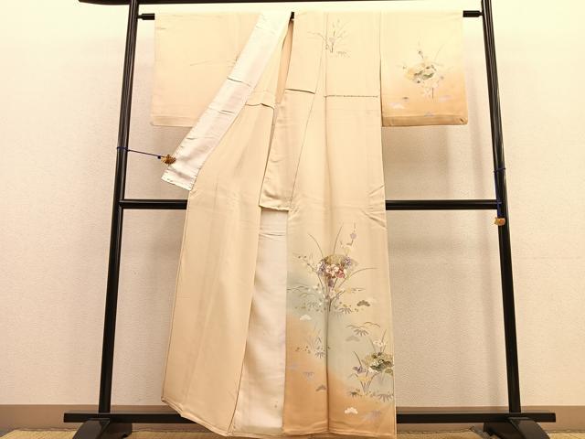 平和屋着物▽訪問着 単衣 駒刺繍 地紙花文 暈し染め金彩 正絹 逸品 BAAU4654gt