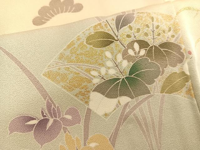 平和屋着物▽訪問着 単衣 駒刺繍 地紙花文 暈し染め金彩 正絹 逸品 BAAU4654gt