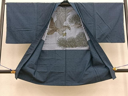 平和屋着物●男性 紬 髭紬羽織セット 霞文 羽裏：鷹 長羽織 正絹 逸品 未使用 BAAU4678gt