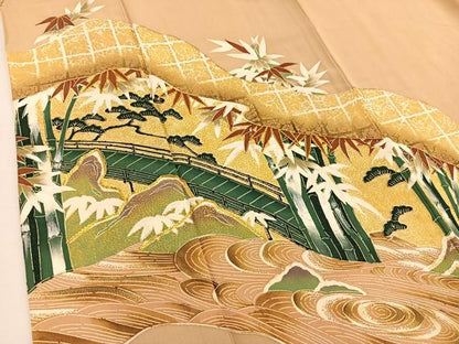 平和屋着物■豪華色留袖　駒刺繍　渡橋笹竹松文　金彩　正絹　逸品　BAAU4760gt