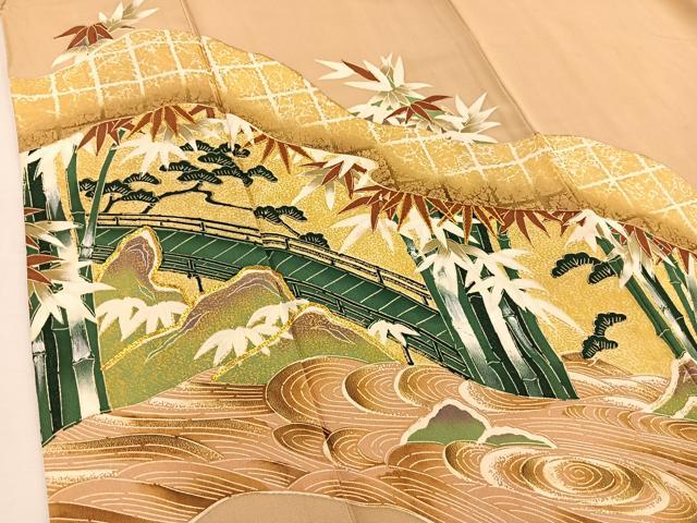平和屋着物■豪華色留袖　駒刺繍　渡橋笹竹松文　金彩　正絹　逸品　BAAU4760gt