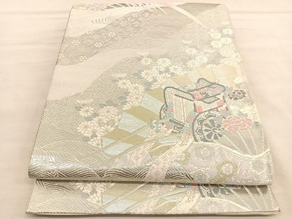 平和屋着物◎六通柄袋帯　唐織　花車扇鳥文　プラチナ二重箔　正絹　逸品　BAAU4884hv