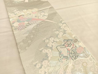 平和屋着物◎六通柄袋帯　唐織　花車扇鳥文　プラチナ二重箔　正絹　逸品　BAAU4884hv