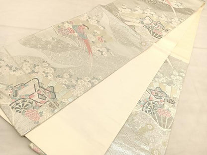 平和屋着物◎六通柄袋帯　唐織　花車扇鳥文　プラチナ二重箔　正絹　逸品　BAAU4884hv